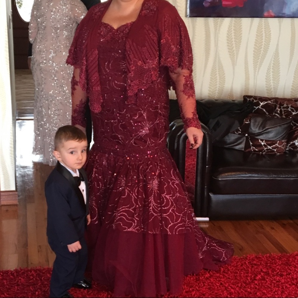 Jovani burgundy sequin plus size with detachable shoulder cover